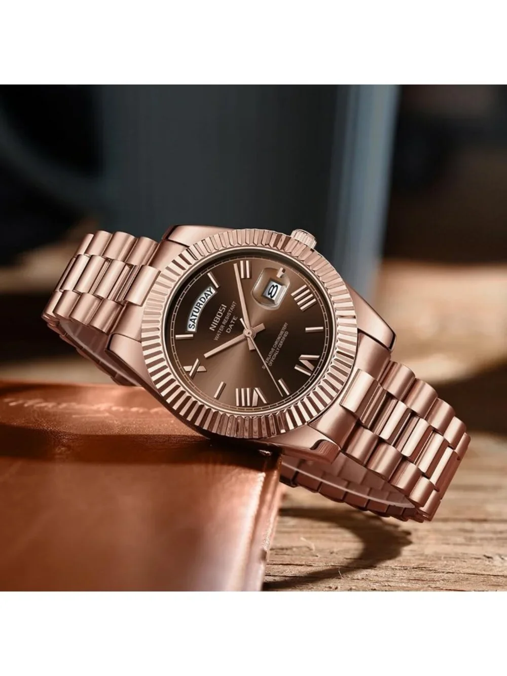 Luxury Men's Analog Quartz Watch - Rose Gold Stainless Steel, Waterproof, Brown
